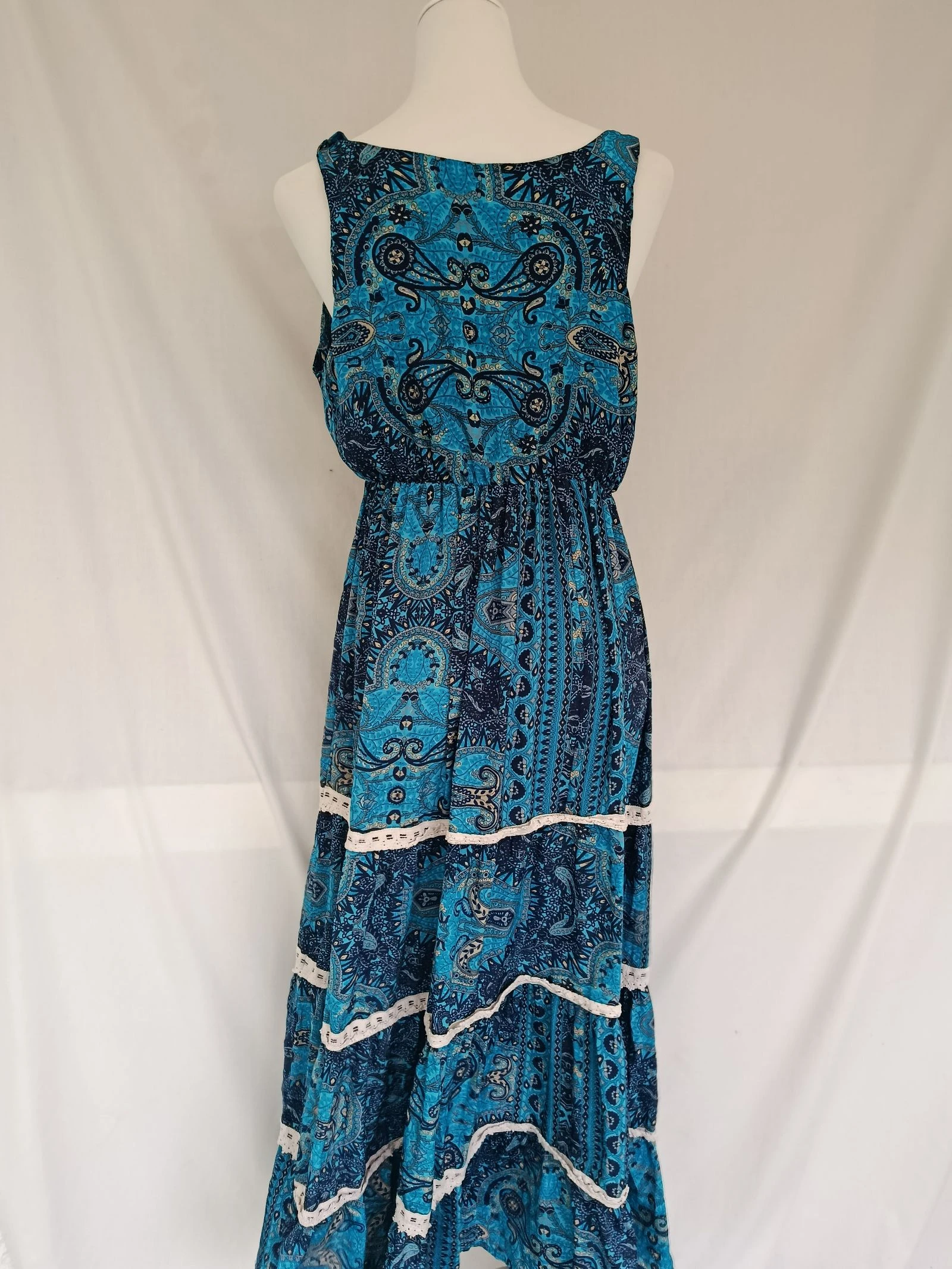Vestido largo bohemio chic 100% seda azul con encaje Talla S/M – photo 4
